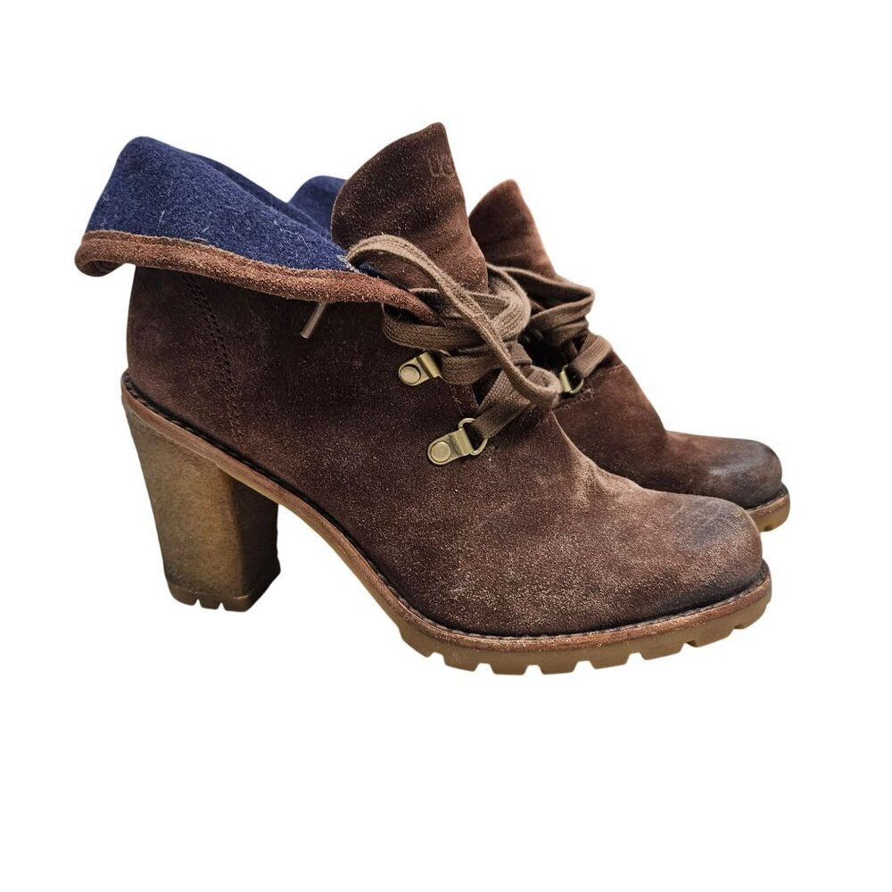 Ugg Chocolate‎ Brown Suede Leather Heeled Ankle Boots Sz 7 Wool Sheepskin Warm